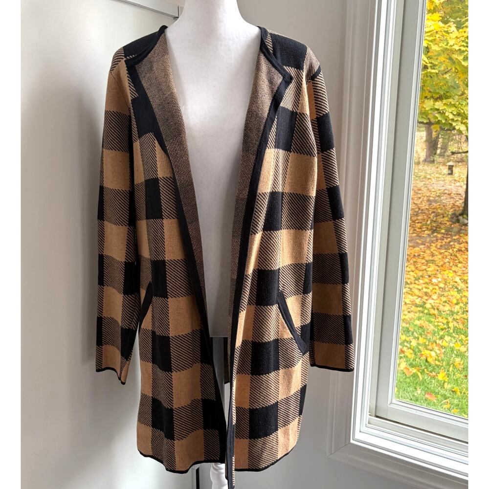 J.Crew Plaid Open Front Cardigan‎ Tunic Black Brown Sweater Small Oversized